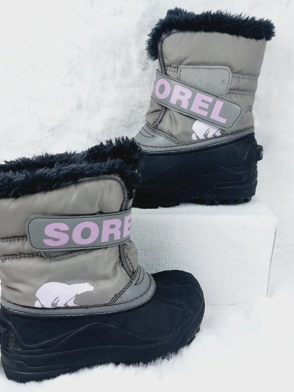Sorel Girl's Gray Black Snow Commander Faux Fur Ankle Winter Boots Size 11